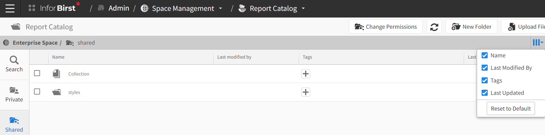 Screen capture of Report Catalog page with the Columns icon