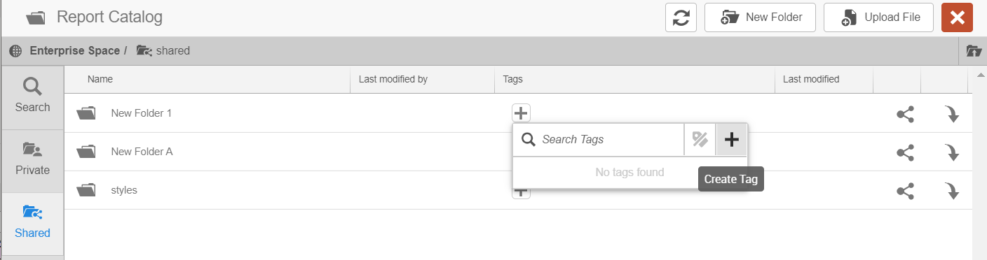Screen capture of "Create Tag" button on Report Catalog