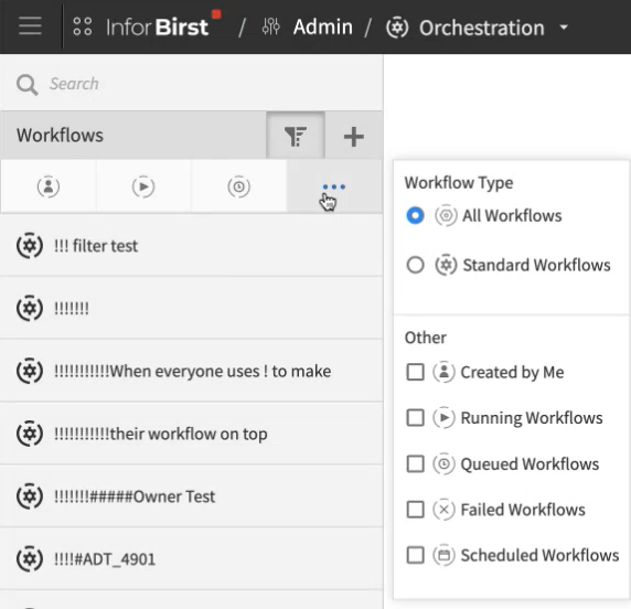 Workflow Filter options in Orchestration