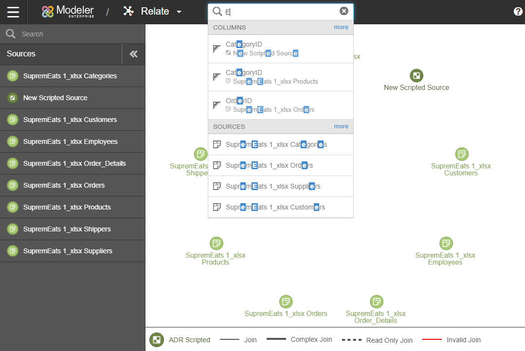Screenshot of Modeler Relate with type ahead search function displayed