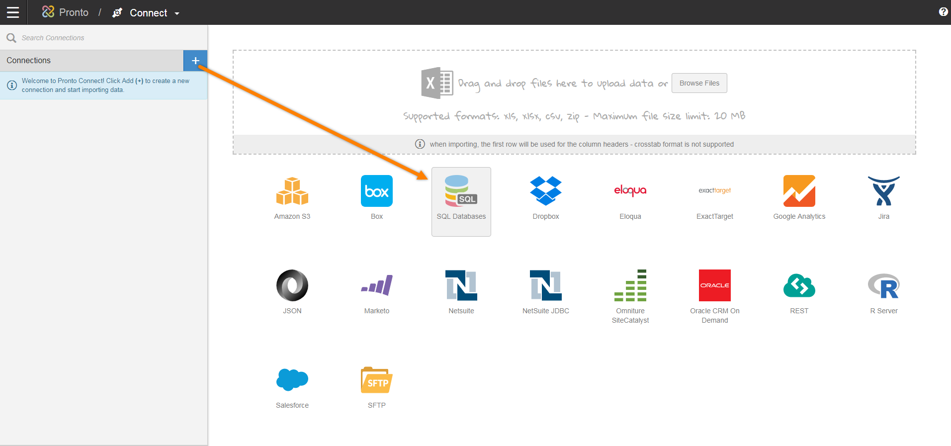 Selecting SQL databases in the connections panel