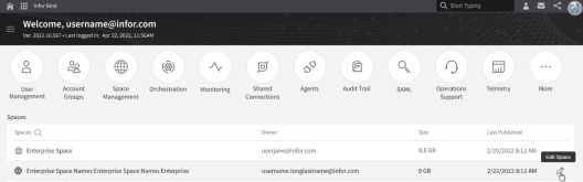 All Spaces page with Edit Space icon