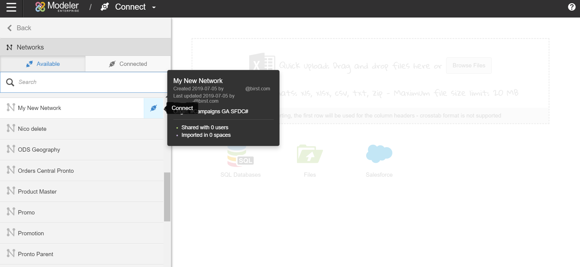 Screen capture of connecting network to your space