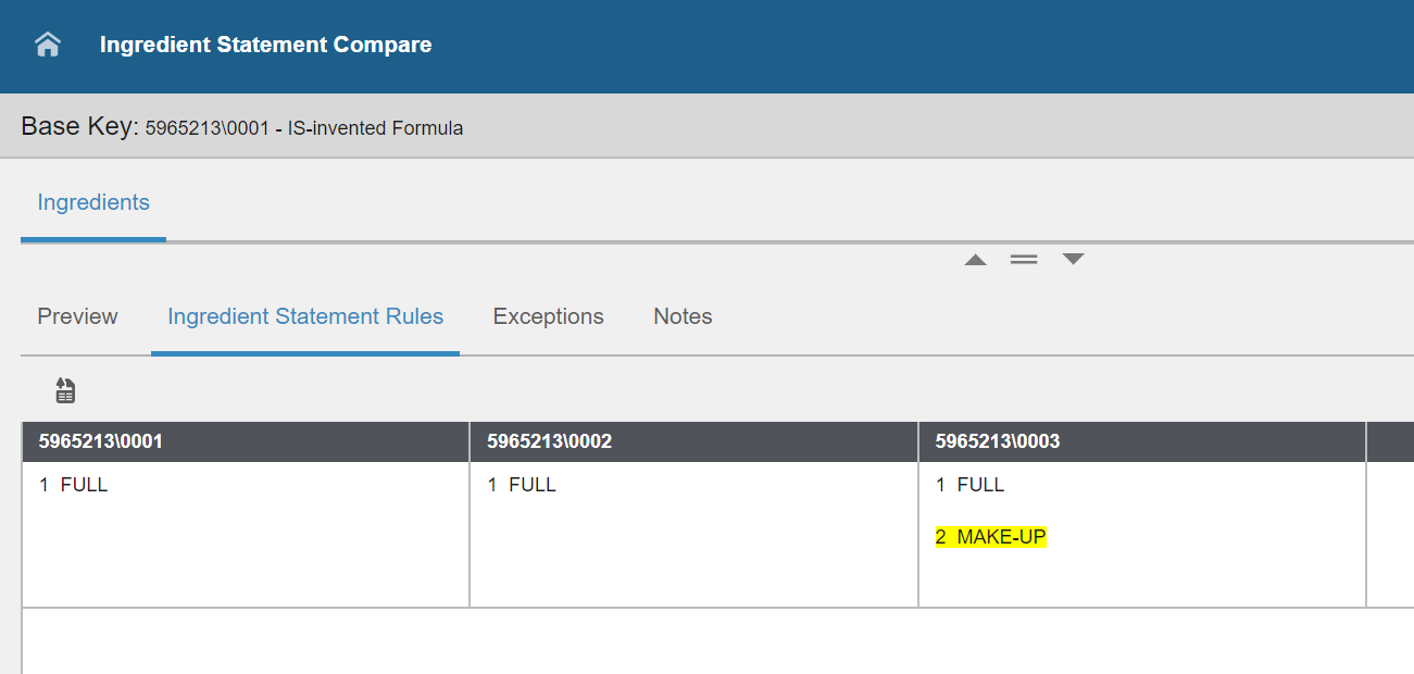 Ingredient Stmt Compare Rules tab