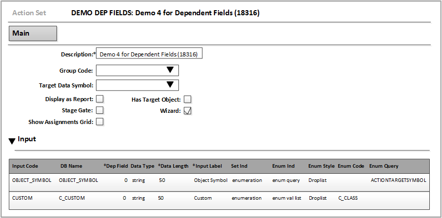 Action Set Dependent Fields Input