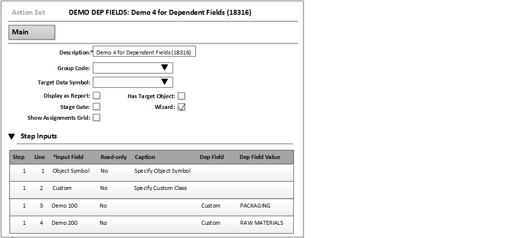 Action Set Dependent Fields Step Input