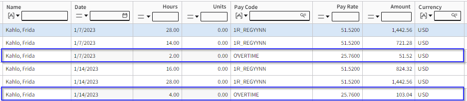 Example: FLSA overtime time records created for Frida