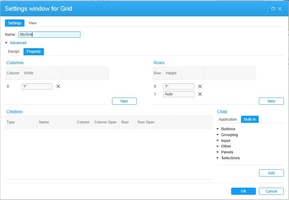 Screen capture: Infor Mashup Designer screen showing a new grid, ready for controls to be added