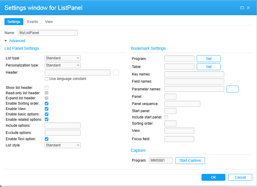 Screen capture: ListPanel settings screen showing Show Capture button (before bookmarks have been created)