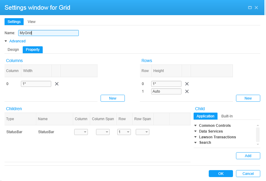 Screen capture: Infor Mashup Designer screen showing a new grid, ready for controls to be added