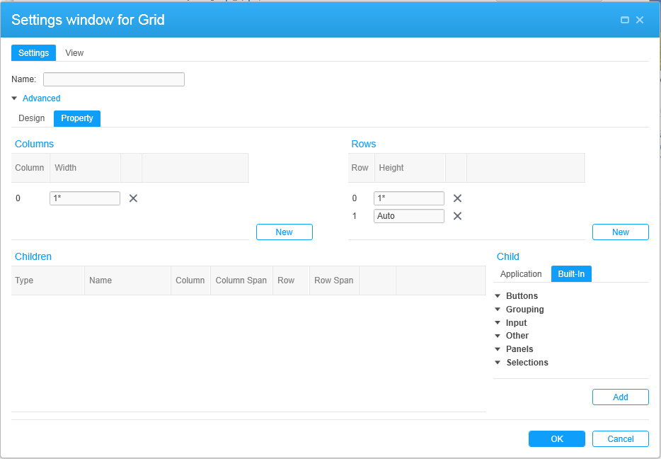 Screen capture: Infor Lawson Mashup Designer screen showing a new grid, ready for controls to be added