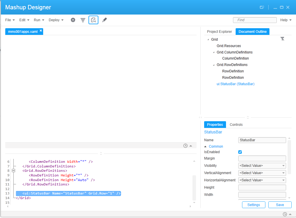 Screen capture: Mashup Designer canvas showing Document Outline mode