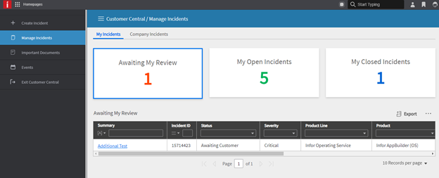 Manage Incidents page