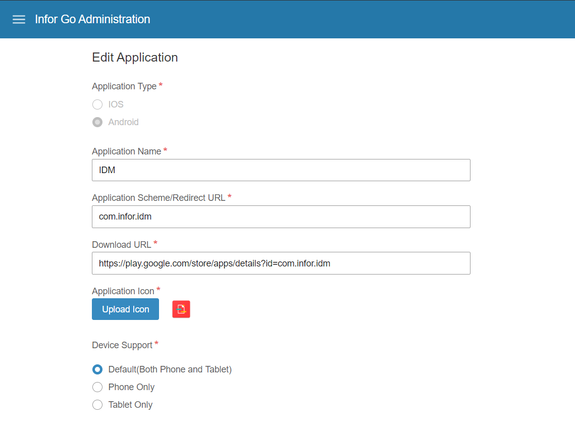 Configuring a native mobile application for Infor Go