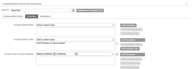 Compensating Controls and Exclusions panel