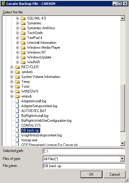 Selecting folder for backed up database