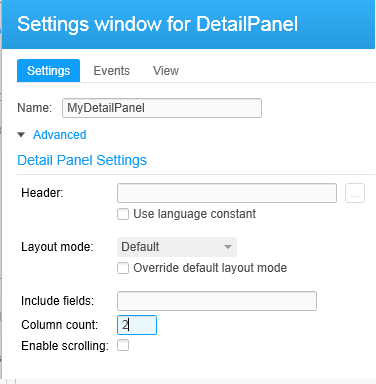 Screen capture: Changing the column layout for a DetailPanel