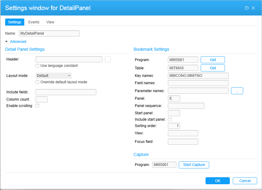Screen capture: Panel settings window after bookmark information has been captured