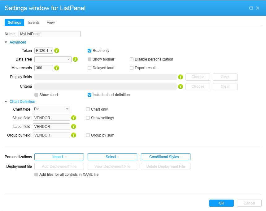 Screen capture: Lawson ListPanel for vendor list after configuration