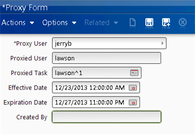 Proxies form showing a proxy assignment of task "lawson" to user "jerryb"