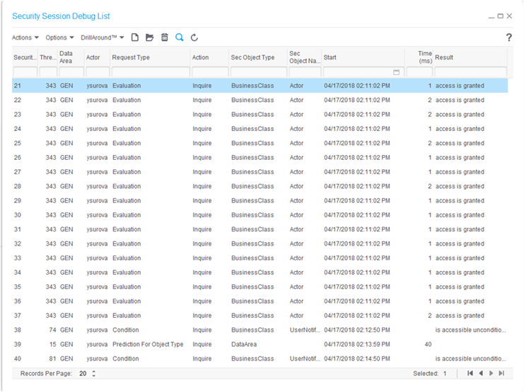 Security Session Debugger for authorization