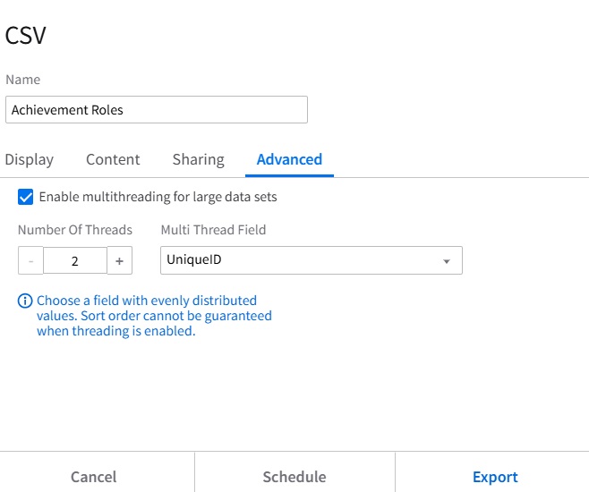 Export to CSV Advanced tab options