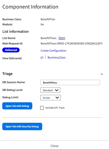 Component Information page showing List details