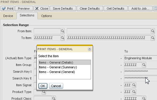 Print Items - General - report selection