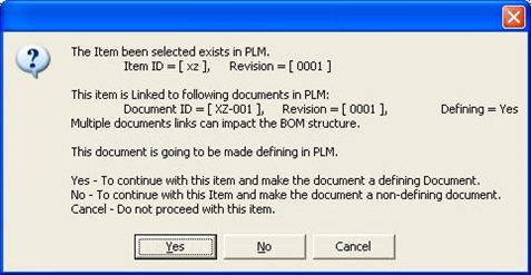 PLM CAD integration dialogbox