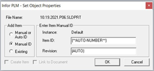 Infor PLM Set object Properties window