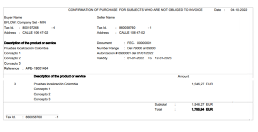 conformation of purchase for subjects who are not obliged to invoice