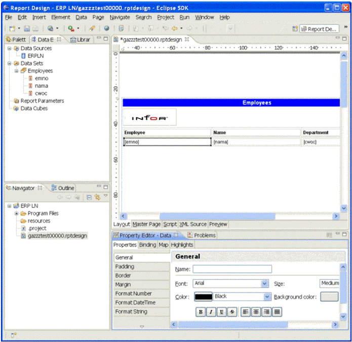Sample report layout with grid, labels, table columns, and image