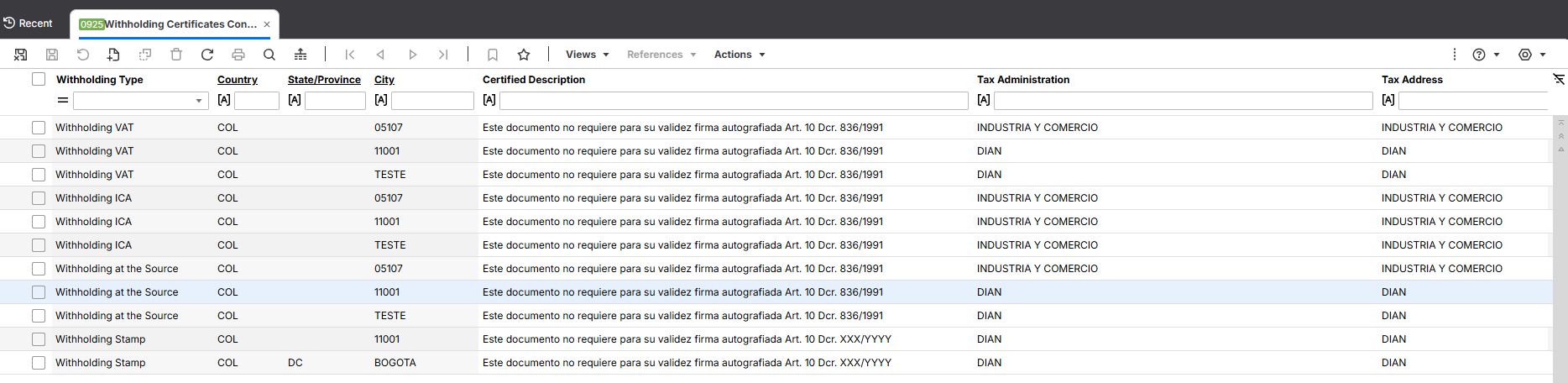 Withholding Certificates Configuration
