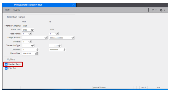 Journal Book - Detailed report selection