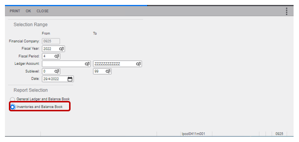 Additional Data - Inventories and Balance Book report selection