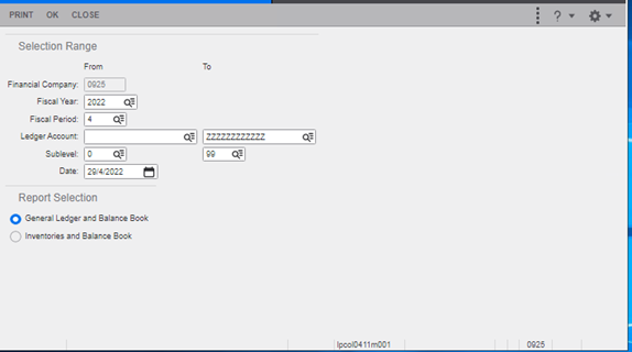 report selection general ledger and balance book