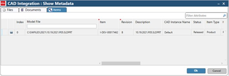 CAD Integration Items window