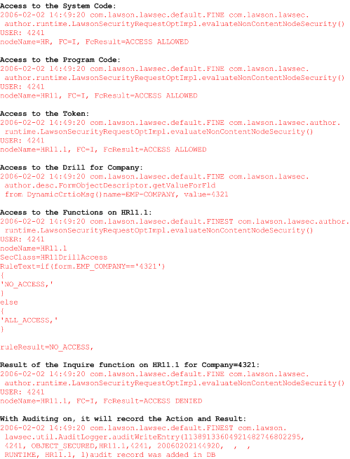 Illustration: Example output from the security log file showing how Lawson Security evaluates a rule