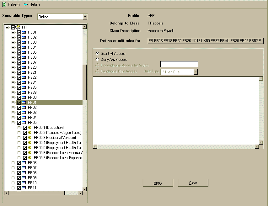 Screen capture: Example security class for EZShed's HR and PR power users