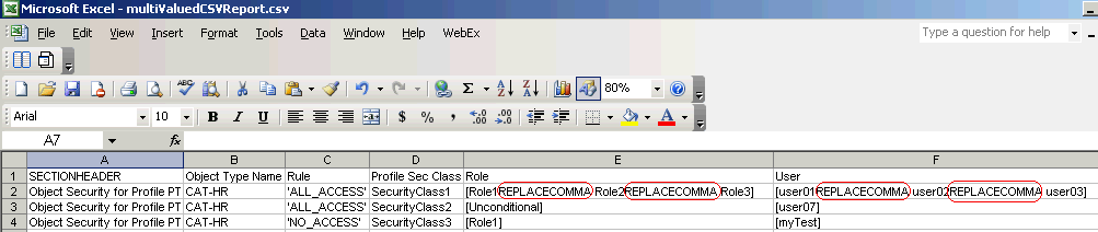 Form clip: Lawson Security report, CSV format, being viewed in Microsoft Excel (before text has been converted to commas)