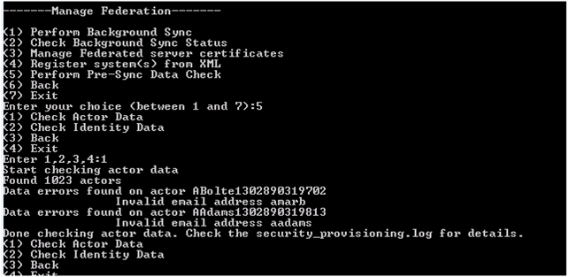 Pre-Sync Data Check example output showing Actor Check invalid email errors
