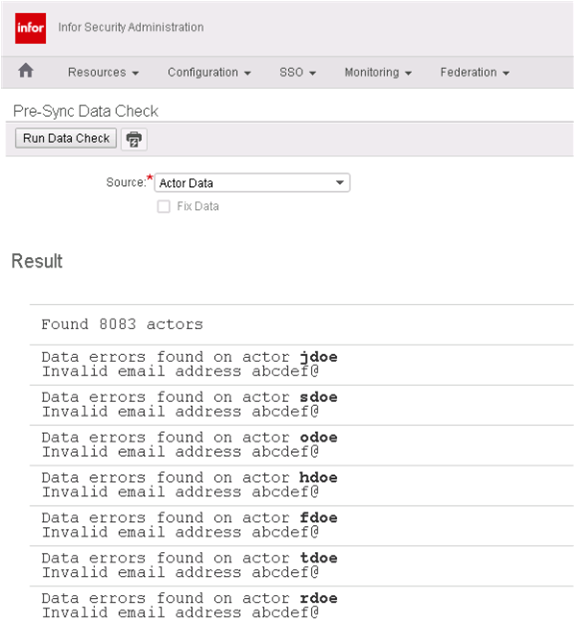 Pre-Sync Data Check example output showing Actor Check invalid email errors (ISS)