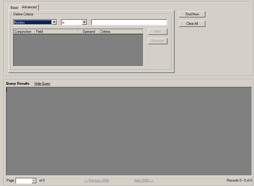 Form clip: Advanced query dialog box