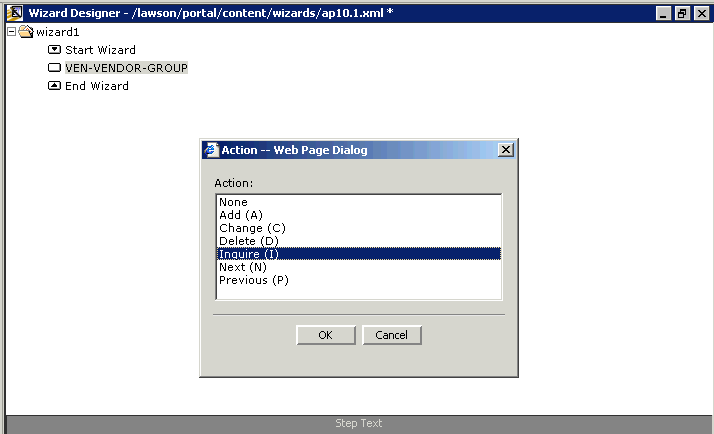 Form clip (partial): Selecting the Inquire action