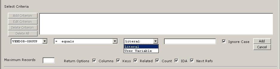 Form clip (partial): Specifying a criteria statement for a Data call