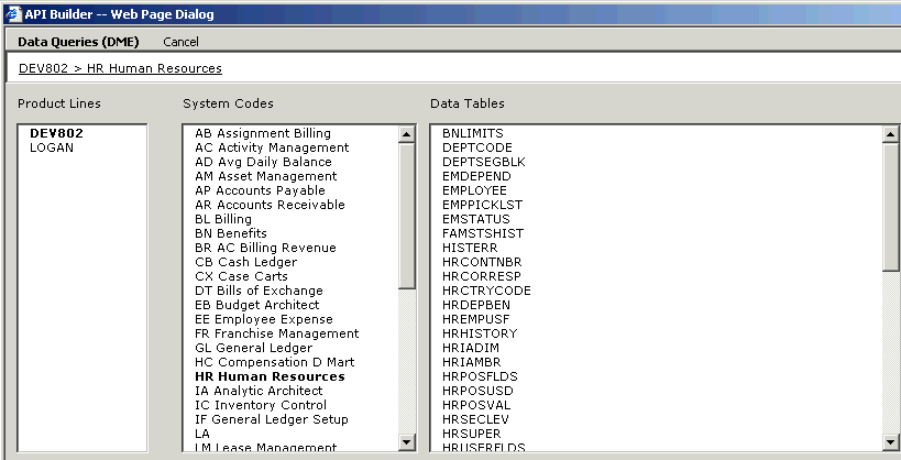 Form clip: API Builder form for selecting data area, system code, and data tables