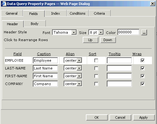 Form clip: Data Query dialog showing Fields tab, Header sub-tab