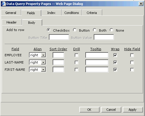 Form clip: Data Query dialog showing Fields tab, Body sub-tab