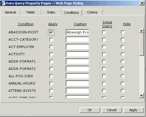 Form clip: Data Query dialog box showing Condition tab