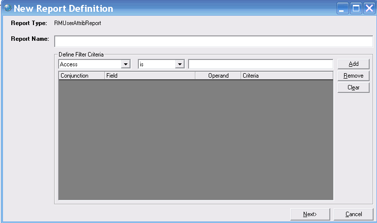 Form clip: RM User Attributes Report filter criteria